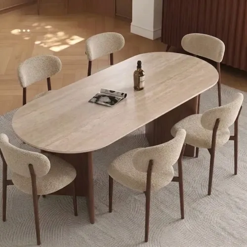 Pack Laura – Table Ovale De Luxe En Pierre Frittée & 6 Chaises Amandine Beige Bouclé