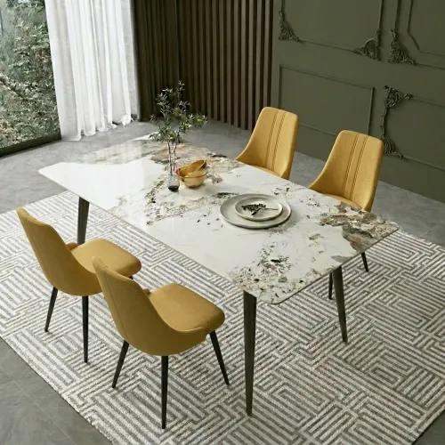 Pack Arthur – Table En Pierre Frittée Effet Marbre & 4 Chaises Mani Jaune Moutarde