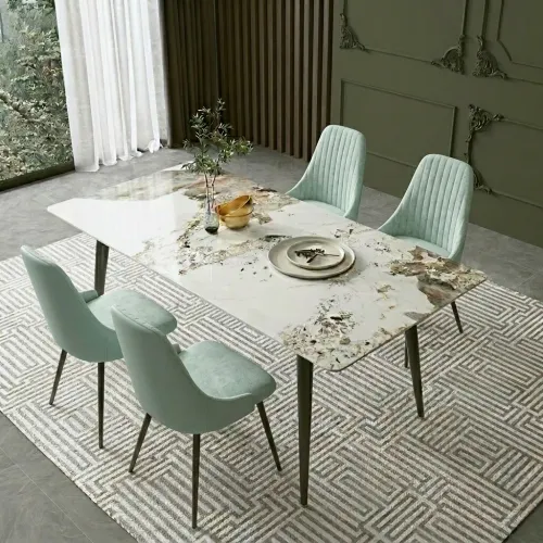 Pack Arthur – Table En Pierre Frittée Effet Marbre & 4 Chaises Pivotantes Elma Turquoise (vert Menthe)