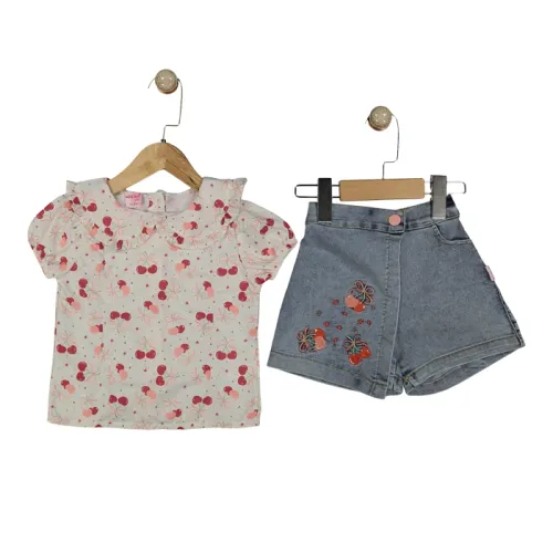 Ensemble En Jean Avec Short-jupe Et Motif Cerise