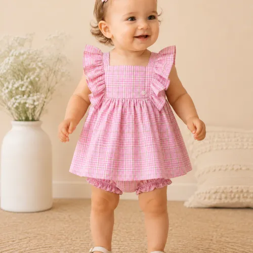 Ensemble Bébé Fille 2 Pièces – Robe À Carreaux Rose & Bloomer Assorti