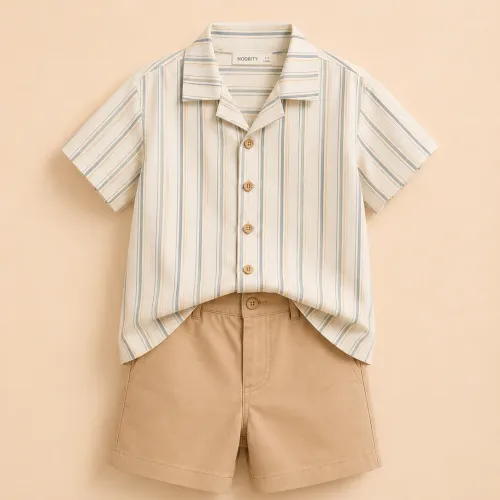 Ensemble Garçon 2 Pièces – Chemise Rayée & Short Beige