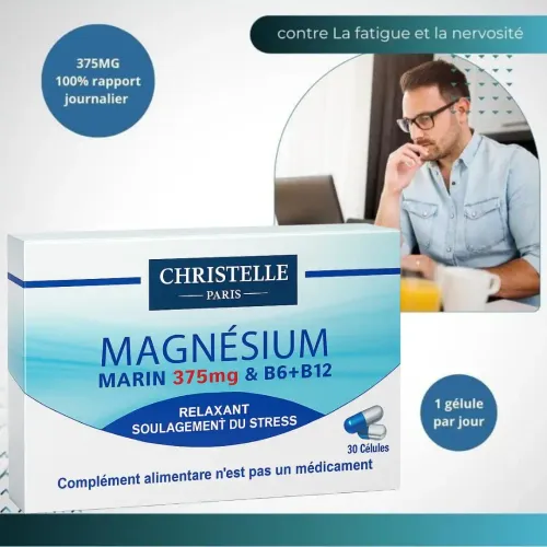 Magnesium Marin 375mg + B6 + B12  - Stress, Fatigue, Soutien Osseux Et Cardiovasculaire
