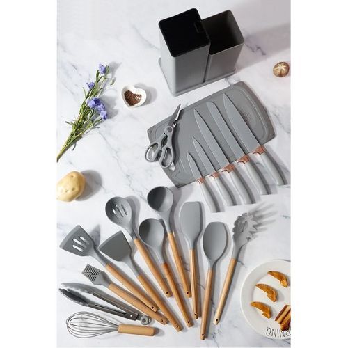 Lot De 19 Ustensiles De Cuisine En Silicone Avec Poignées En Bois, Et Porte-louche