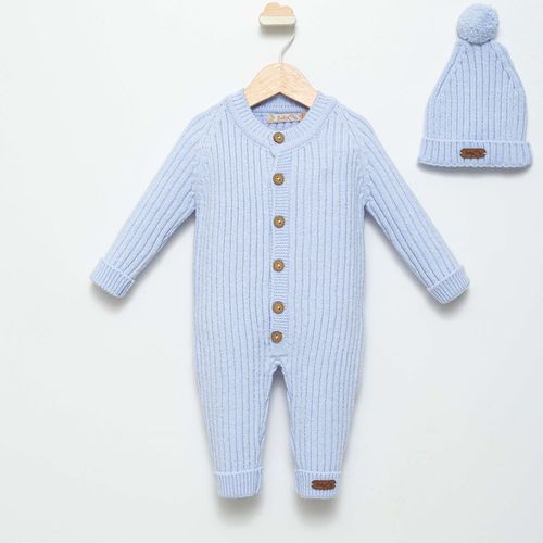 Grenouillère Tricot Bleu Avec Bonnet