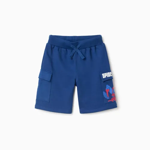 Cotton Shorts With Spider-man Print And Cargo Pockets For Boys, Blue
