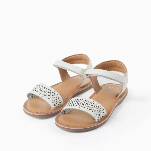 Leather Sandals With Mosaic Laser Cut Strap For Girls