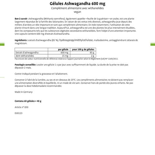 Ashwagandha 600 Mg Et 15 Mg De Withanolide Par Capsule
