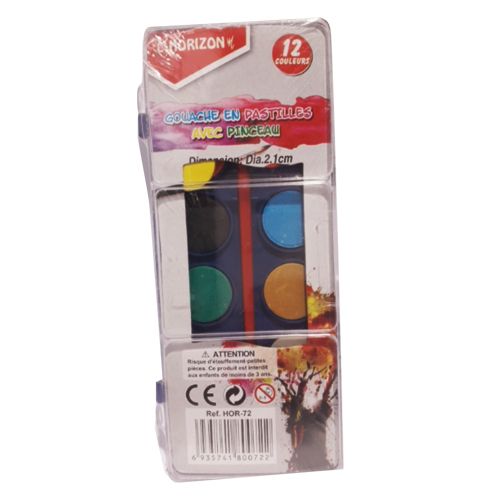 Gouache En Pastilles : 12 Éléments + Pinceau Réf. Hor-72