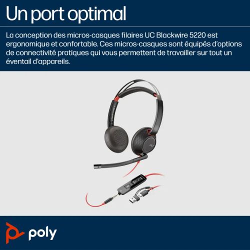 Micro-casque Blackwire 5220 Stéréo Usb-c + Connexion 3,5 Mm + Adaptateur Usb-c/a (8x231aa)