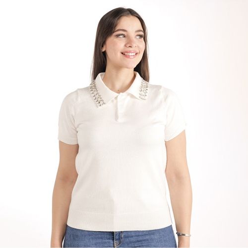 Polo En Maille Fine Avec Col Orné De Perles
