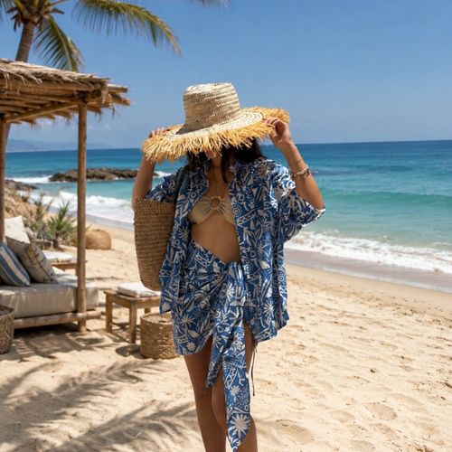 Mykonos Ensemble Chemise Manches Longues & Pareo Motifs Med Mediterranee