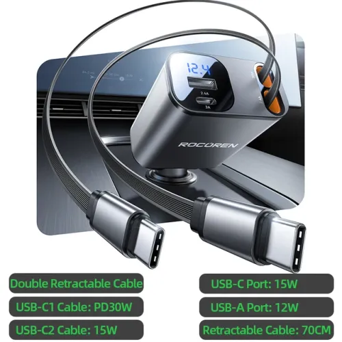 Chargeur Voiture Rétractable 4-en-1 Pd 30w Double Usb-c Intégré 