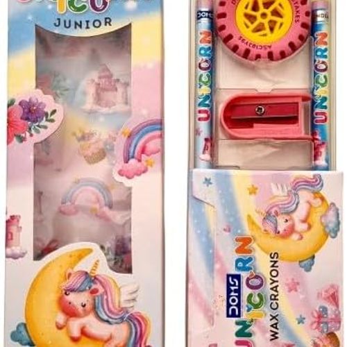 Unicorn Junior Kit - (1n. Wax Crayon Pack (10 Shades) + 2 N. Pencils + 1 N. Eraser + 1 N. Sharpener) 