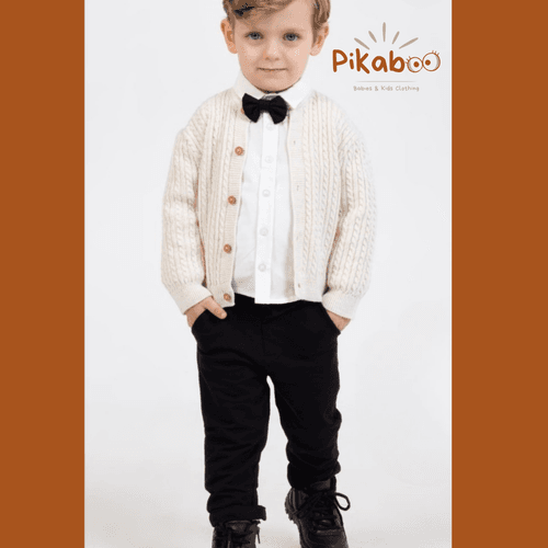 Tenue Petit Bonhomme Grande Soirée Avec Pull En Maille Écru Et Nœud Papillon