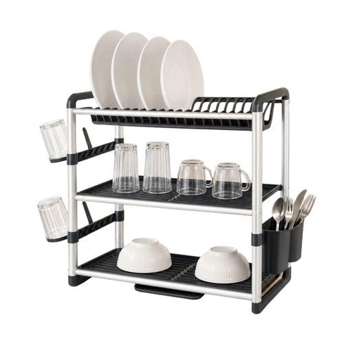 Égouttoir À Vaisselle 3 Niveaux En Aluminium Avec Bac D'égouttage Et Porte-couverts - Sem-7432