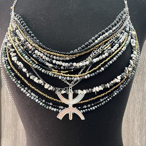 Bralette Collier Noir, Or & Argent En Pierres Naturelles