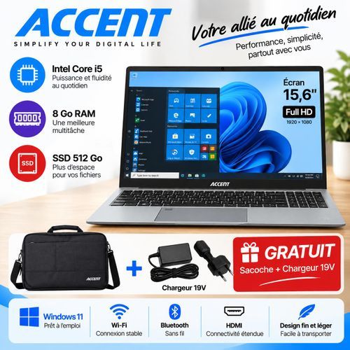 Accent Pc Portable Intel Core I5 8e Génération 8 Go Ram Ssd 512 Go Et Écran 15,6, W5000 B2