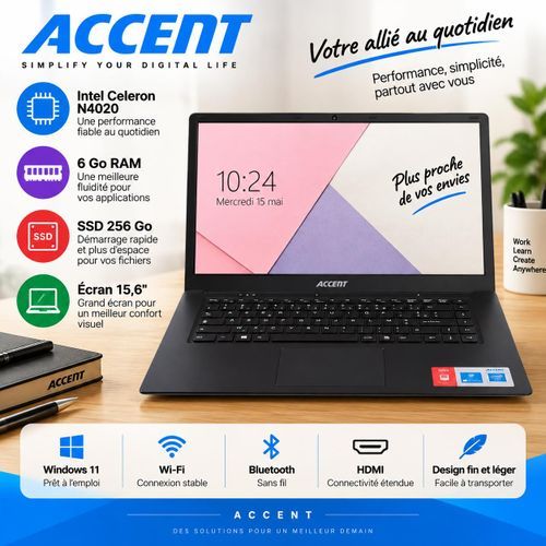 Accent Pc Portable Écran 15,6 Intel Celeron 6 Go Ram Ssd 256 Go Wi-fi, Bluetooth Et Freedos, W2005