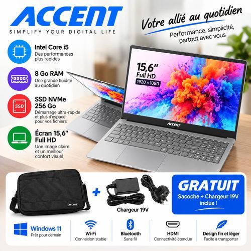 Accent Pc Portable Intel Core I5 8e Génération 8 Go Ram Ssd 256 Go Et Écran 15,6, W5000 B1