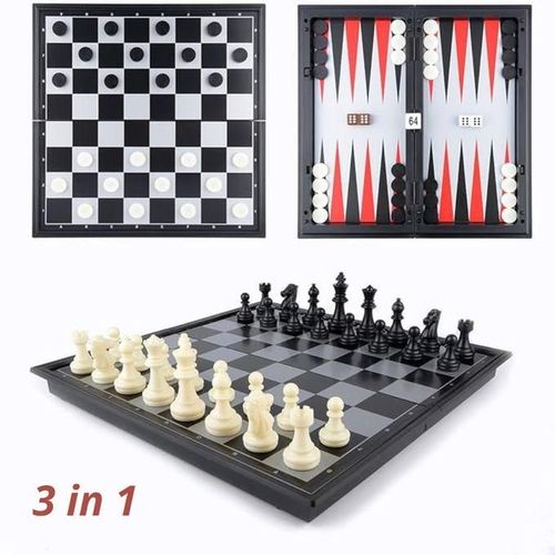 Jeu D'échecs 3-en-1 Pour Enfants Et Adultes - Backgammon Et Dames Inclus, Pliable Et Portable