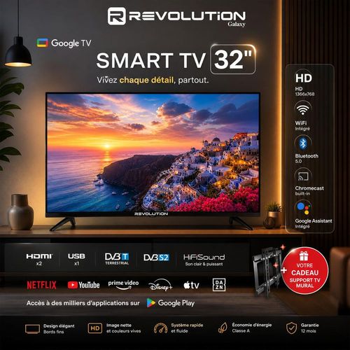 Smart Tv 32 Pouces Google Tv Hd - Wifi - Hdmi - Tnt Intégré - Support Mural Offert
