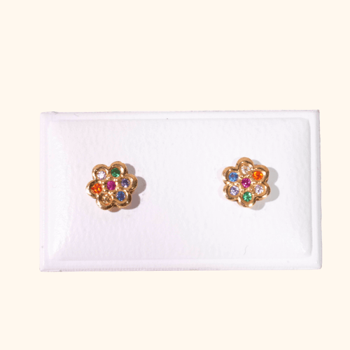 Boucles D’oreilles Bébé Fleur Multicolore En Or Jaune 18 Carats