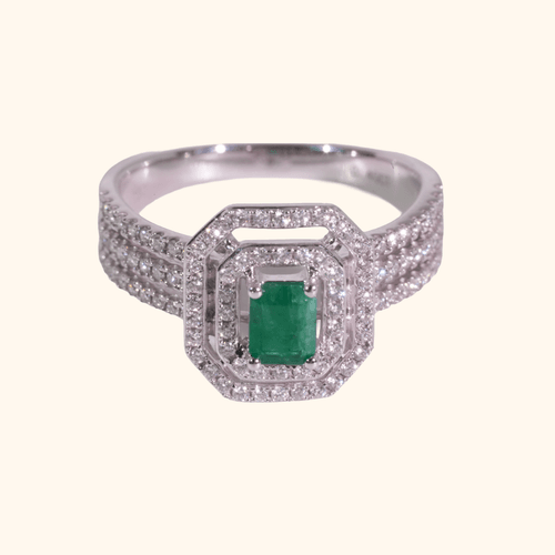 Bague En Or Blanc Avec Diamants Naturels & Pierre Verte Naturelle – Élégance Joaillière Maroc