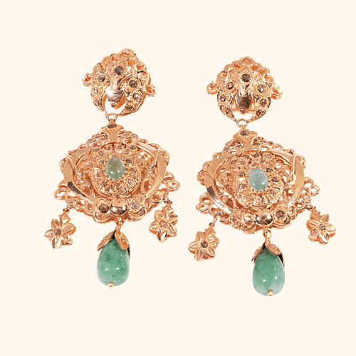 Boucles D'oreilles Pendantes En Or Rose 18 Carats Avec Pierres Vertes Naturelles