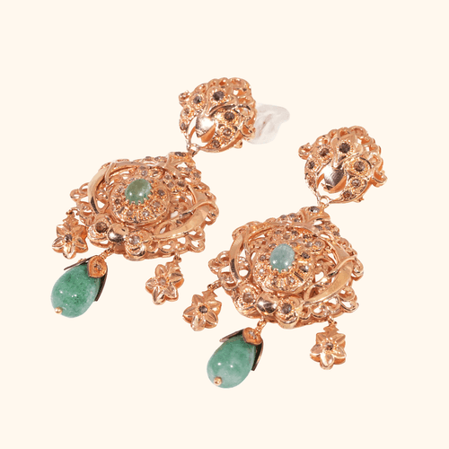Boucles D'oreilles Pendantes En Or Rose 18 Carats Avec Pierres Vertes Naturelles