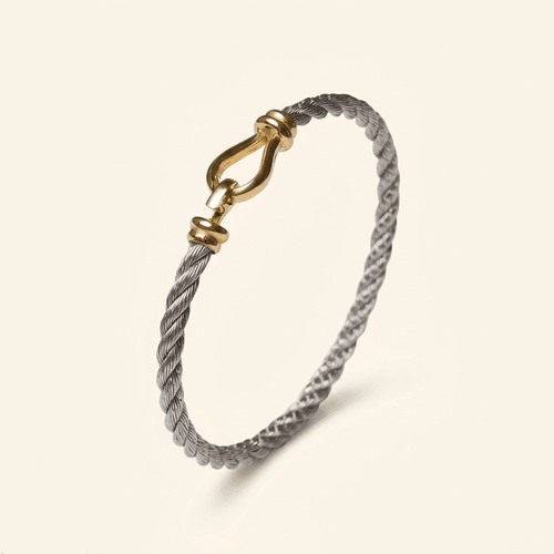 Bracelet Câble Signature En Or Jaune 18 Carats Acier Tressé 