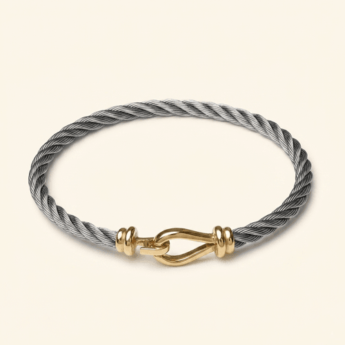 Bracelet Câble Signature En Or Jaune 18 Carats Acier Tressé 