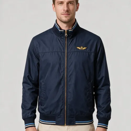 Blouson Zippé Bleu Marine À Col Montant