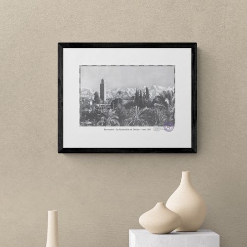 Affiche d'une vue ancienne de Marrakech - La Koutoubia et l'Atlas - vers 1930 - reproduction