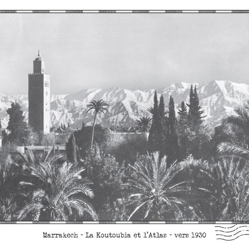 Affiche d'une vue ancienne de Marrakech - La Koutoubia et l'Atlas - vers 1930 - reproduction