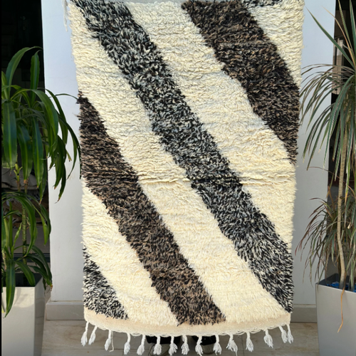 Tapis berbère Beni Ouarain noir marron et crème 100% laine de mouton - 153cm / 92cm