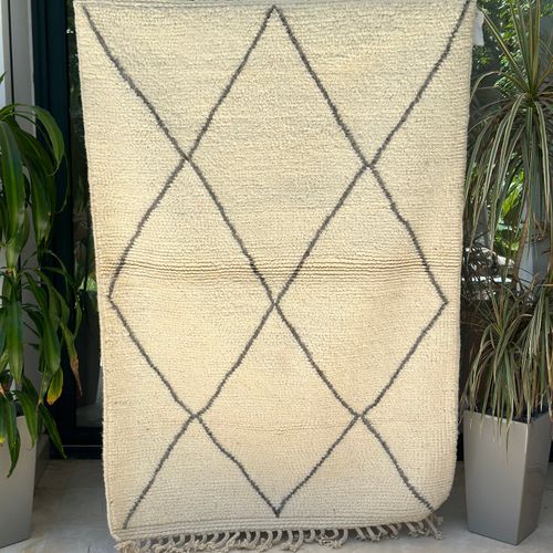 Tapis berbère Beni Ouarain crème à losanges gris 100% laine de mouton - 162cm / 114cm