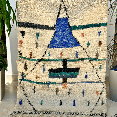 Tapis berbère Azilal crème, bleu 100% laine de mouton 150cm/105cm