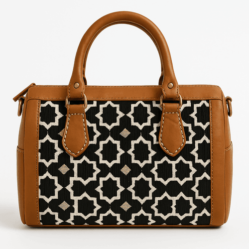Handcrafted Tan Leather Bag with Black Moroccan Pattern