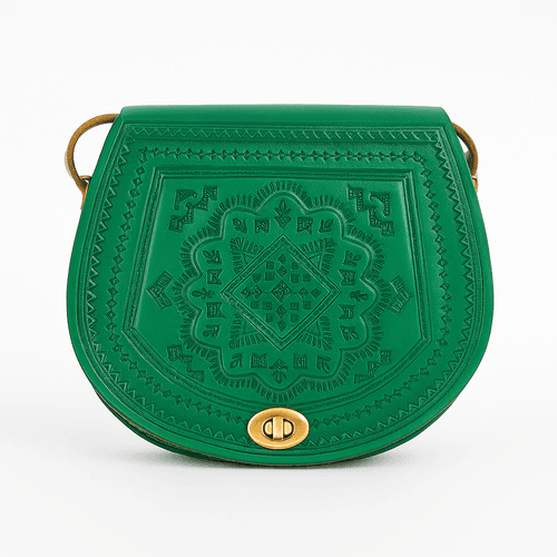 Handmade Green Leather Crossbody Bag – Moroccan Pattern