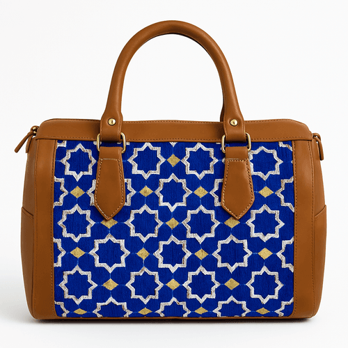 Tan Leather Bag with Blue Moroccan Pattern
