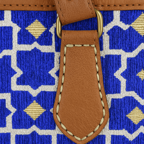 Tan Leather Bag with Blue Moroccan Pattern
