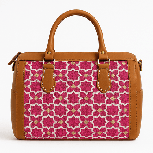 Tan Leather Bag with Pink Moroccan Pattern – Unique Handmade Piece