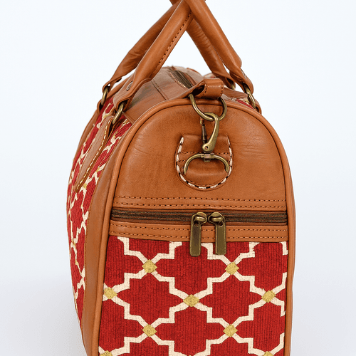 Tan Moroccan leather handbag with Red Moroccan Geometric Pattern
