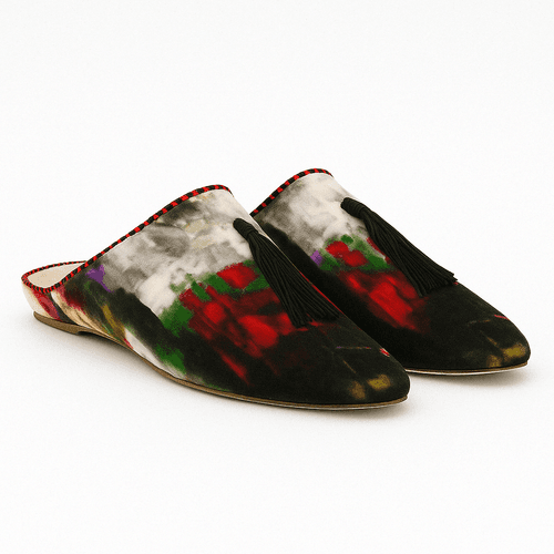 Handcrafted Abstract Velvet Moccasin Slippers with Tassels