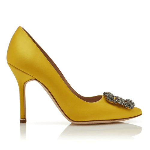 Yellow Satin Jewel Buckle Pumps