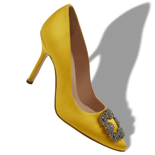 Yellow Satin Jewel Buckle Pumps