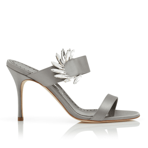 Mid Grey Satin Embellished Open Toe Mules