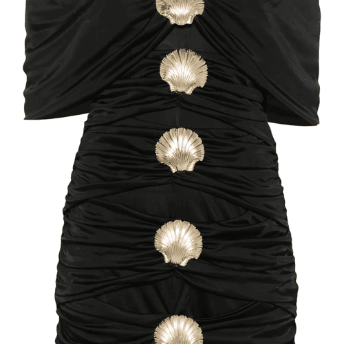 Draped mini dress in jersey with sea shell pin detailing