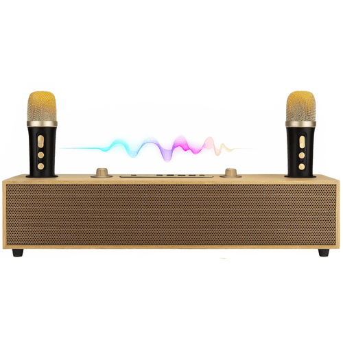 Barre de Son en Bois – Système Karaoké Home Cinéma avec Bluetooth et 2 Micros Sans Fil